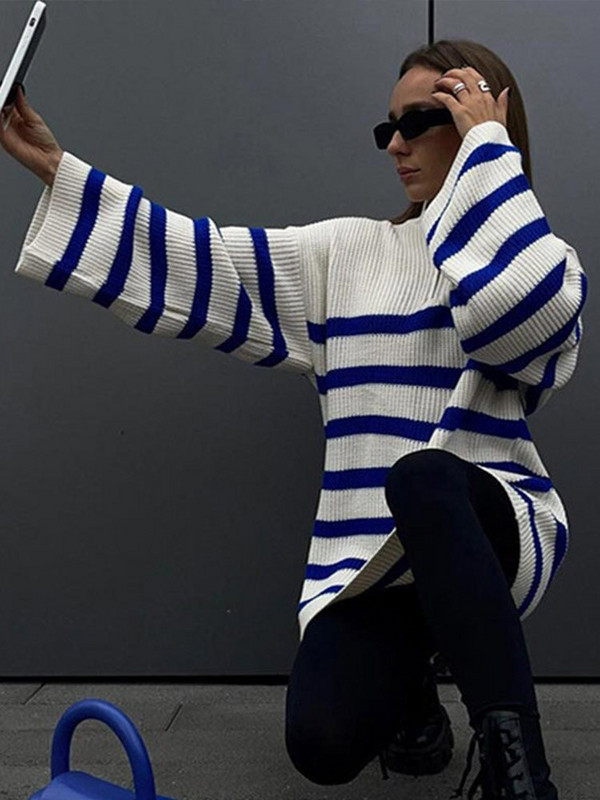 Pleteni pulover s otvorenim ovratnikom, ulična odjeća, široki prugasti džemper, ženske jesenske i zimske 2022., debeli, topli ženski ležerni džemperi