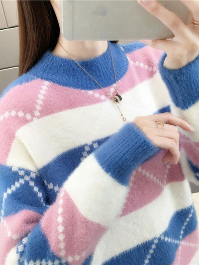 ZOKI Argyle Ženski pulover Zimski debeli, topli studentski pleteni džemper Slatki ružičasti patchwork korejski široki ženski kaputi