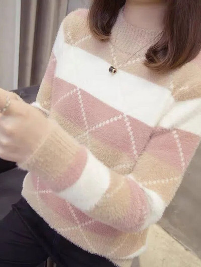 ZOKI Argyle Ženski pulover Zimski debeli, topli studentski pleteni džemper Slatki ružičasti patchwork korejski široki ženski kaputi