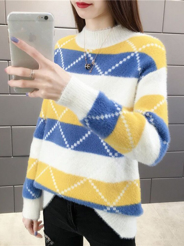 ZOKI Argyle Ženski pulover Zimski debeli, topli studentski pleteni džemper Slatki ružičasti patchwork korejski široki ženski kaputi