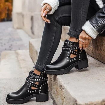 Дамски къси ботуши Дамски кожени боти до глезена Есенни мотоциклетни обувки на платформа за жени Пънк обувки с перлени нитове Голям размер777