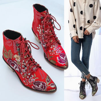 Γυναικεία μποτάκια με τετράγωνο τακούνι Lace Up Flower Red Platform Boots Πολυτελή παπούτσια με τακούνι για γυναικείες μπότες Γυναικείες γόβες πλατφόρμας