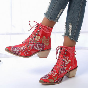 Γυναικεία μποτάκια με τετράγωνο τακούνι Lace Up Flower Red Platform Boots Πολυτελή παπούτσια με τακούνι για γυναικείες μπότες Γυναικείες γόβες πλατφόρμας