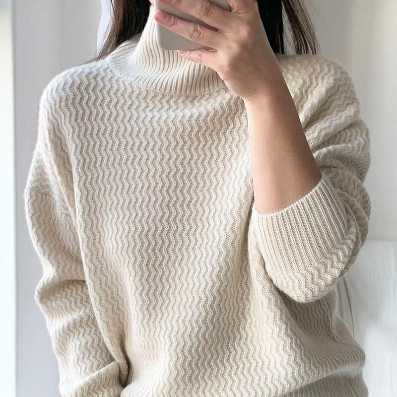 Ženski džemper od kašmira s dolčevitom jesen/zima, novi džemper s visokim ovratnikom od 100% čiste vune, labavi lijeni korejski Keep heat pleteni pulover