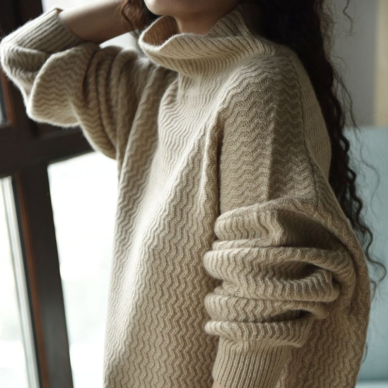 Ženski džemper od kašmira s dolčevitom jesen/zima, novi džemper s visokim ovratnikom od 100% čiste vune, labavi lijeni korejski Keep heat pleteni pulover