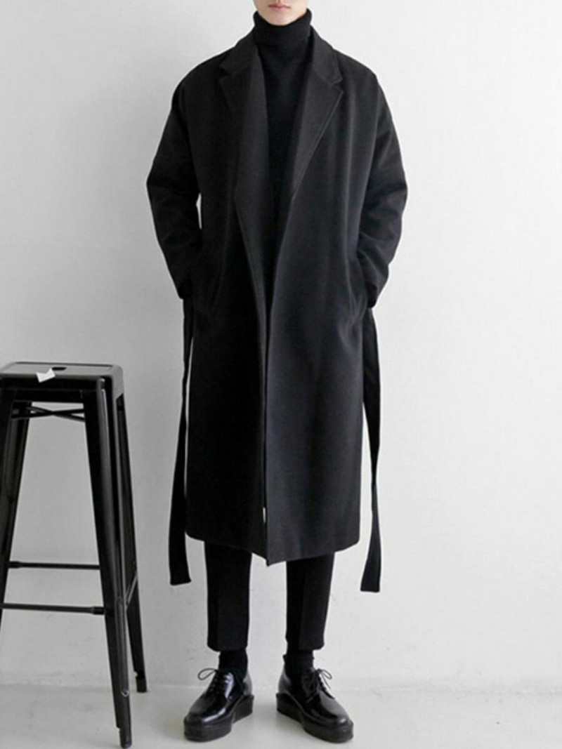 YASUGUOJI Γιλέκα ταιριάζουν παλτό με ζώνη Ανδρικό χειμωνιάτικο παλτό Νέο Μαύρο γιακά Μακρύ παλτό Ανδρικά ρούχα