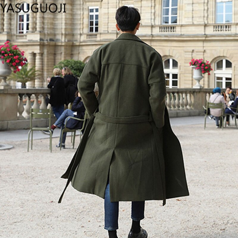 YASUGUOJI Γιλέκα ταιριάζουν παλτό με ζώνη Ανδρικό χειμωνιάτικο παλτό Νέο Μαύρο γιακά Μακρύ παλτό Ανδρικά ρούχα