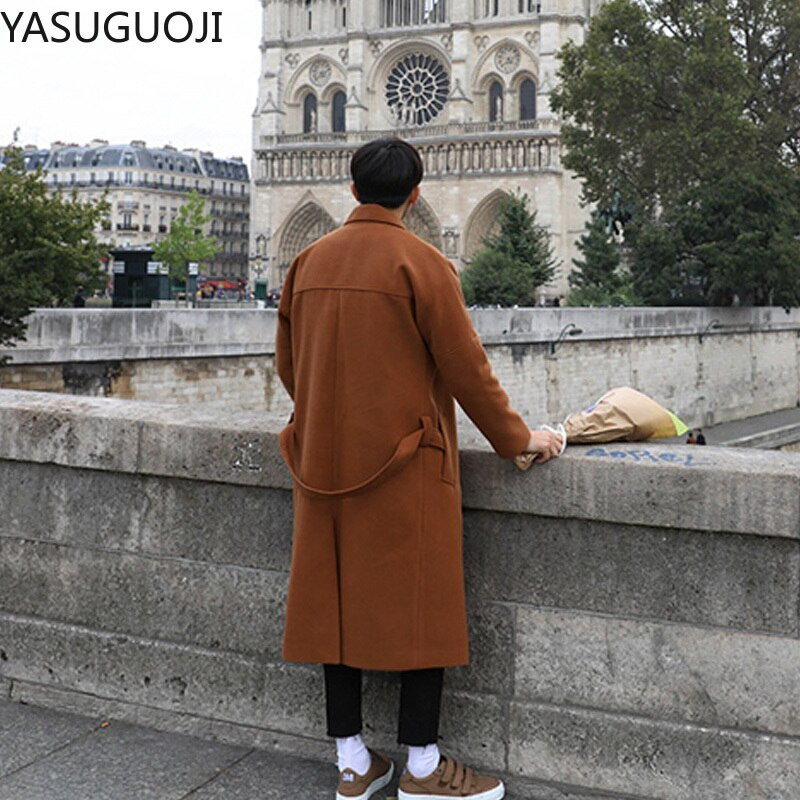 YASUGUOJI Γιλέκα ταιριάζουν παλτό με ζώνη Ανδρικό χειμωνιάτικο παλτό Νέο Μαύρο γιακά Μακρύ παλτό Ανδρικά ρούχα