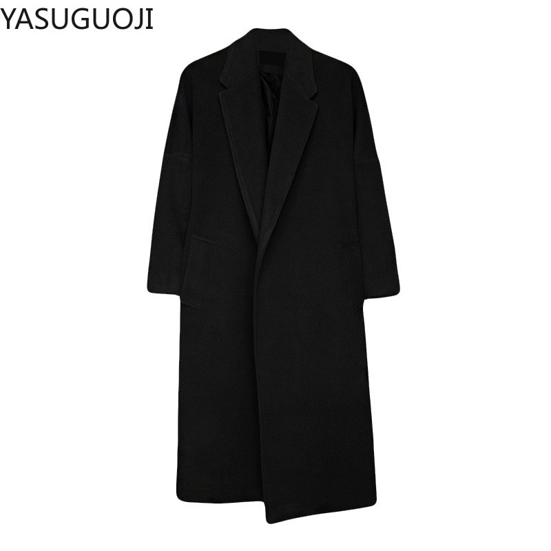 YASUGUOJI Γιλέκα ταιριάζουν παλτό με ζώνη Ανδρικό χειμωνιάτικο παλτό Νέο Μαύρο γιακά Μακρύ παλτό Ανδρικά ρούχα