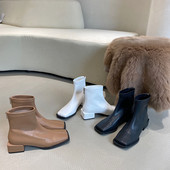 Ανοιξιάτικα γυναικεία μποτάκια γυναικεία με χαμηλό τετράγωνο τακούνι Μόδα με φερμουάρ Παπούτσια Φθινοπωρινό χειμώνα PU Δερμάτινα γυναικεία μποτάκια Chaussure Femme