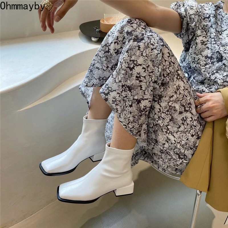 Ανοιξιάτικα γυναικεία μποτάκια γυναικεία με χαμηλό τετράγωνο τακούνι Μόδα με φερμουάρ Παπούτσια Φθινοπωρινό χειμώνα PU Δερμάτινα γυναικεία μποτάκια Chaussure Femme