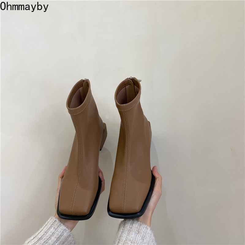 Ανοιξιάτικα γυναικεία μποτάκια γυναικεία με χαμηλό τετράγωνο τακούνι Μόδα με φερμουάρ Παπούτσια Φθινοπωρινό χειμώνα PU Δερμάτινα γυναικεία μποτάκια Chaussure Femme