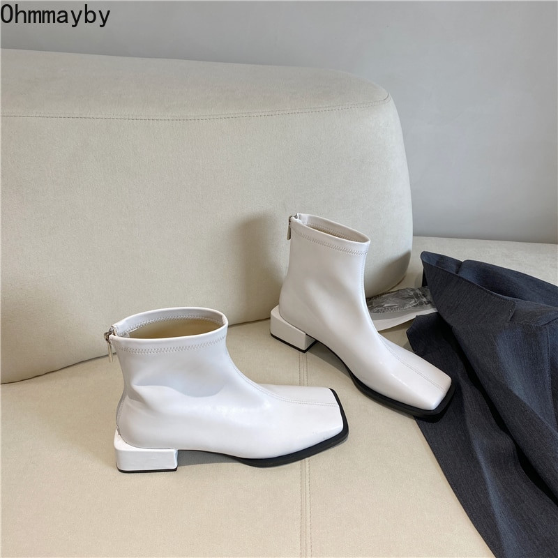 Ανοιξιάτικα γυναικεία μποτάκια γυναικεία με χαμηλό τετράγωνο τακούνι Μόδα με φερμουάρ Παπούτσια Φθινοπωρινό χειμώνα PU Δερμάτινα γυναικεία μποτάκια Chaussure Femme