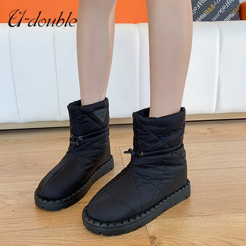Χειμερινές μπότες χιονιού μάρκας U-Double Υψηλής ποιότητας καπιτονέ νάιλον γυναικείες μπότες με στρογγυλά δάχτυλα και ζεστές μπότες μαξιλαριού