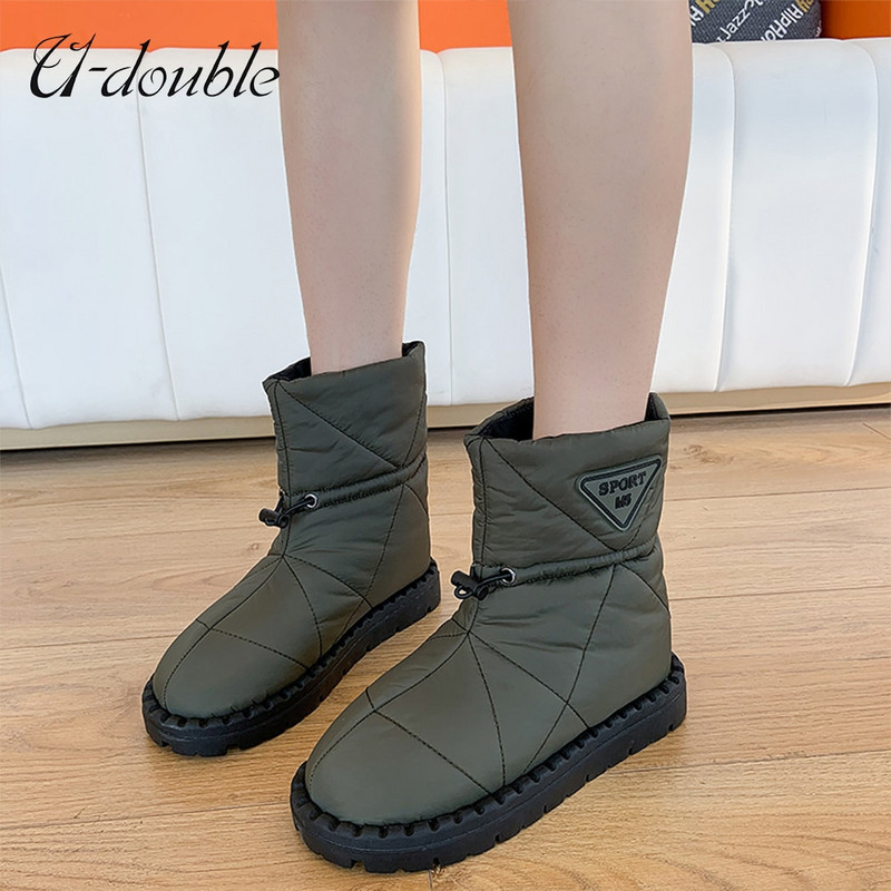 Χειμερινές μπότες χιονιού μάρκας U-Double Υψηλής ποιότητας καπιτονέ νάιλον γυναικείες μπότες με στρογγυλά δάχτυλα και ζεστές μπότες μαξιλαριού