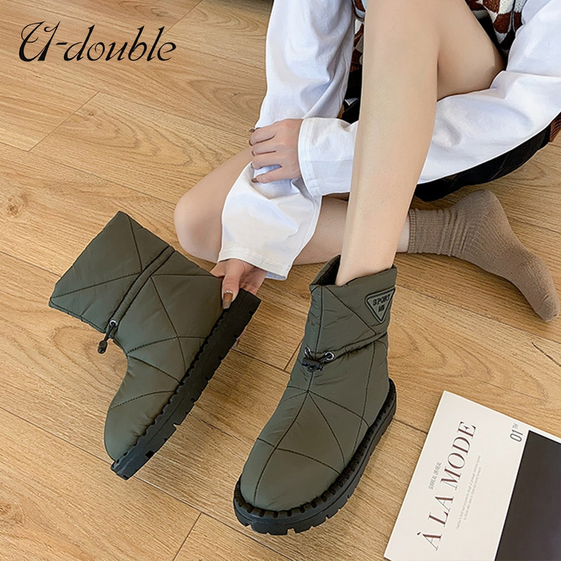 Χειμερινές μπότες χιονιού μάρκας U-Double Υψηλής ποιότητας καπιτονέ νάιλον γυναικείες μπότες με στρογγυλά δάχτυλα και ζεστές μπότες μαξιλαριού