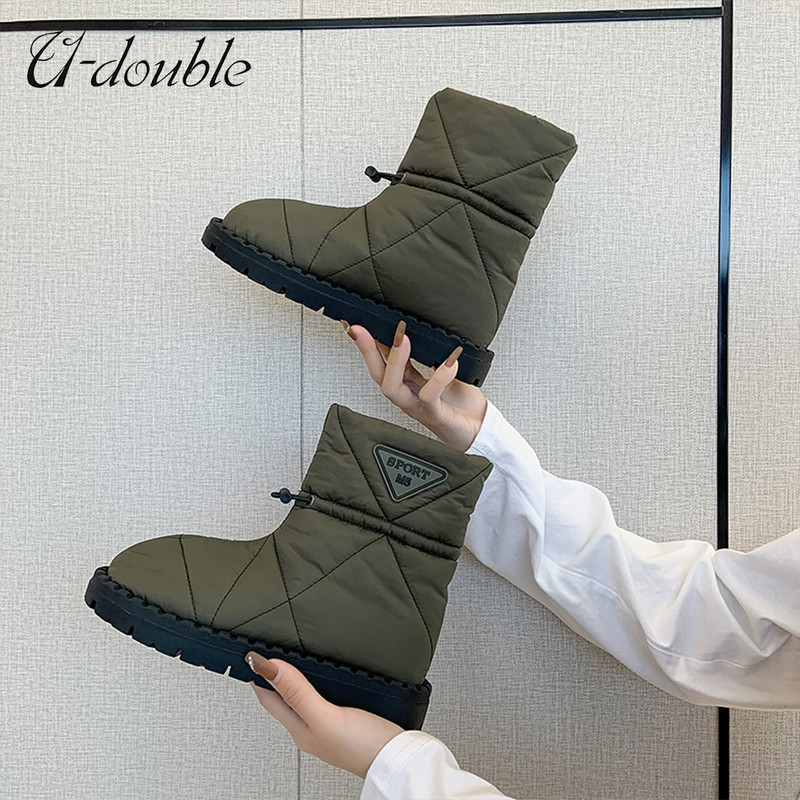 Χειμερινές μπότες χιονιού μάρκας U-Double Υψηλής ποιότητας καπιτονέ νάιλον γυναικείες μπότες με στρογγυλά δάχτυλα και ζεστές μπότες μαξιλαριού