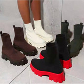 Κάλτσες αστράγαλο Ελαστικές μπότες Designer Solid Platform Snow Boots 2022 Νέα χειμωνιάτικη ζεστή μόδα πλέξιμο με μεσαίο τακούνι Γυναικείες μπότες Chelsea