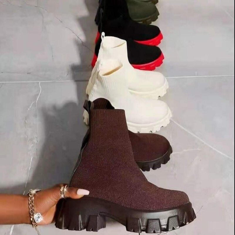 Κάλτσες αστράγαλο Ελαστικές μπότες Designer Solid Platform Snow Boots 2022 Νέα χειμωνιάτικη ζεστή μόδα πλέξιμο με μεσαίο τακούνι Γυναικείες μπότες Chelsea