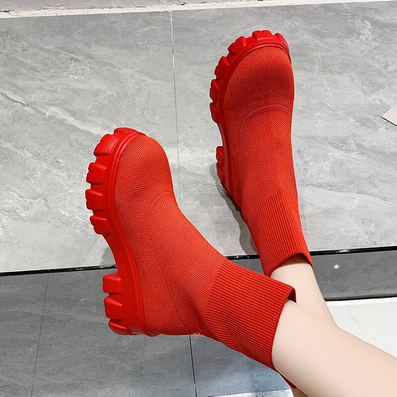 Κάλτσες αστράγαλο Ελαστικές μπότες Designer Solid Platform Snow Boots 2022 Νέα χειμωνιάτικη ζεστή μόδα πλέξιμο με μεσαίο τακούνι Γυναικείες μπότες Chelsea