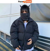 Vīriešu hiphopa parka mazā velna ragi ziemas izšuvumi galvaskausa jaka Street Hooded polsterēta jaka Y2k Harajuku silts biezs mētelis
