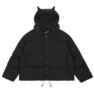 Vīriešu hiphopa parka mazā velna ragi ziemas izšuvumi galvaskausa jaka Street Hooded polsterēta jaka Y2k Harajuku silts biezs mētelis