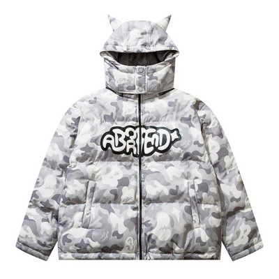 Vīriešu hiphopa parka mazā velna ragi ziemas izšuvumi galvaskausa jaka Street Hooded polsterēta jaka Y2k Harajuku silts biezs mētelis
