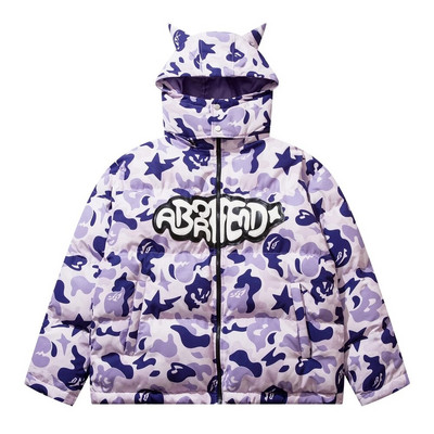 Vīriešu hiphopa parka mazā velna ragi ziemas izšuvumi galvaskausa jaka Street Hooded polsterēta jaka Y2k Harajuku silts biezs mētelis