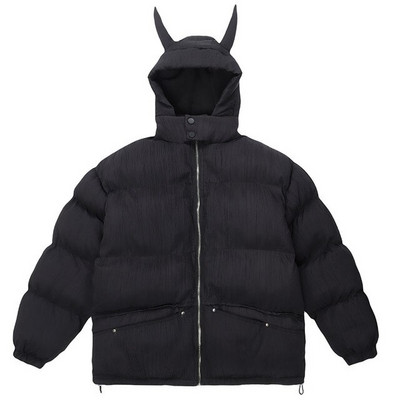 Vīriešu hiphopa parka mazā velna ragi ziemas izšuvumi galvaskausa jaka Street Hooded polsterēta jaka Y2k Harajuku silts biezs mētelis