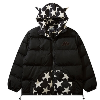 Vīriešu hiphopa parka mazā velna ragi ziemas izšuvumi galvaskausa jaka Street Hooded polsterēta jaka Y2k Harajuku silts biezs mētelis