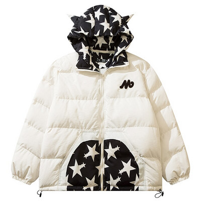 Vīriešu hiphopa parka mazā velna ragi ziemas izšuvumi galvaskausa jaka Street Hooded polsterēta jaka Y2k Harajuku silts biezs mētelis
