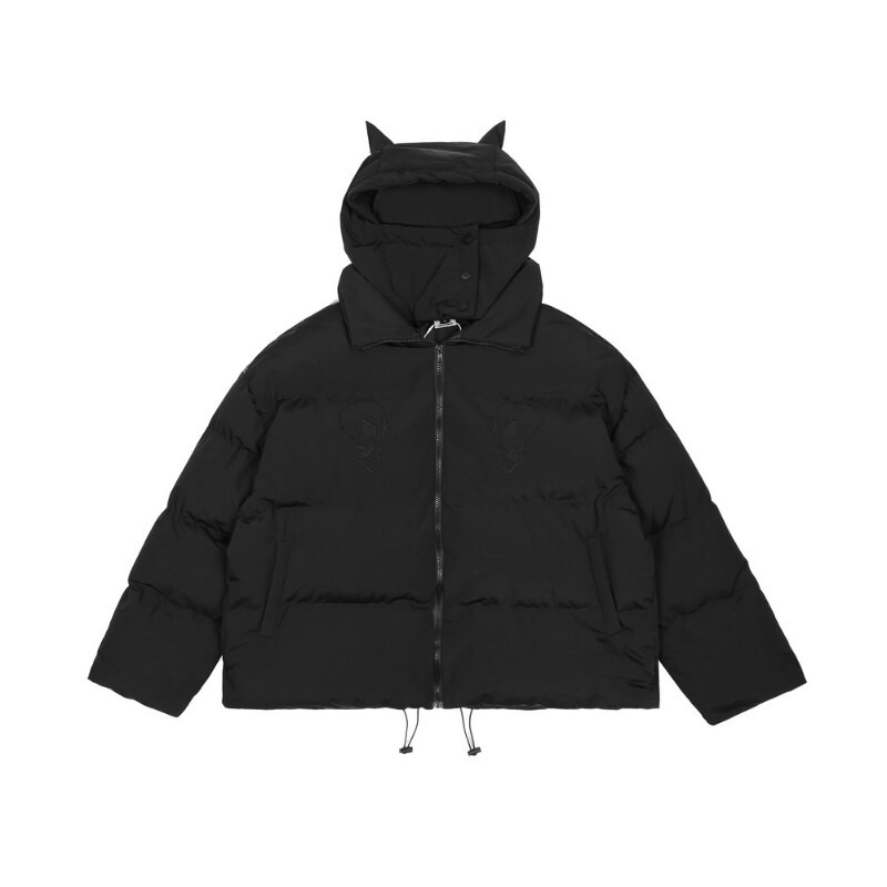 Ανδρικό χιπ χοπ Parka Little Devil Horns Χειμερινό κέντημα Skull Jacket Street με κουκούλα με επένδυση Jacket Y2k Harajuku Warm Thicken Coat
