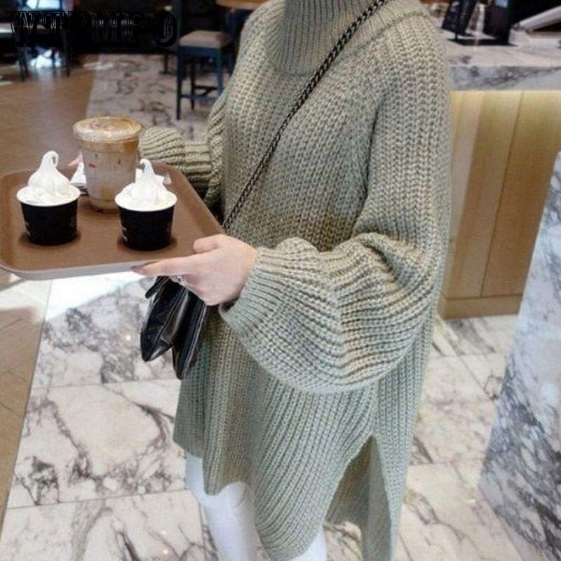 Visoki ovratnik, labavi, zadebljani, debeli konac, srednje dugačak pulover, ležerna, svestrana, uska lenja haljina, jesen i zima, ženske veleprodaje
