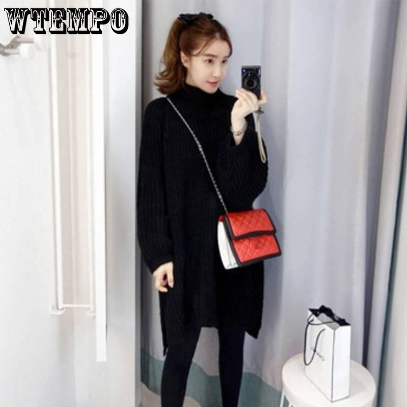 Visoki ovratnik, labavi, zadebljani, debeli konac, srednje dugačak pulover, ležerna, svestrana, uska lenja haljina, jesen i zima, ženske veleprodaje