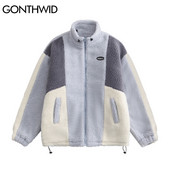 Hiphopa flīsa ziemas parka jaka Streetwear krāsains bloks raibs kokvilnas biezs silts mētelis 2022. gada Harajuku jakas