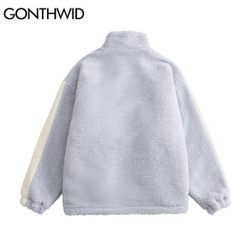 Хип-хоп полярено зимно яке с парка Streetwear Color Block Patchwork Cotton Thick Warm Varsity Fuzzy Coat 2022 Harajuku Jackets