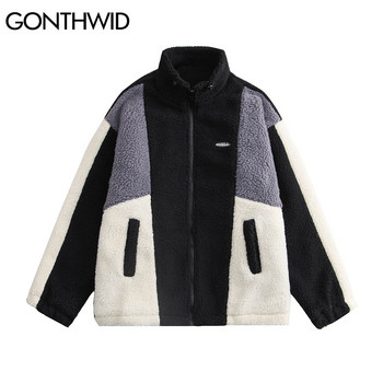 Хип-хоп полярено зимно яке с парка Streetwear Color Block Patchwork Cotton Thick Warm Varsity Fuzzy Coat 2022 Harajuku Jackets