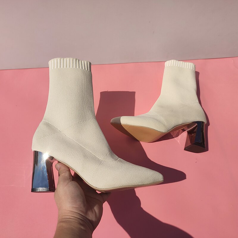Aphixta 7cm Μεταλλικά Τετράγωνα Τακούνια Κάλτσες Μπότες Γυναικείες Μπεζ Casual Stretch Ύφασμα ελαστικά Μυτερά παπούτσια που αναπνέουν