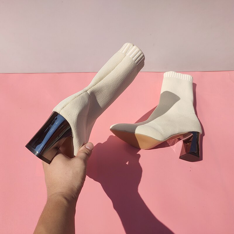 Aphixta 7cm Μεταλλικά Τετράγωνα Τακούνια Κάλτσες Μπότες Γυναικείες Μπεζ Casual Stretch Ύφασμα ελαστικά Μυτερά παπούτσια που αναπνέουν