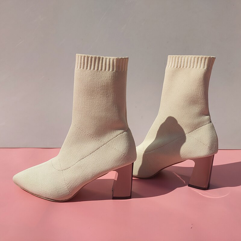 Aphixta 7cm Μεταλλικά Τετράγωνα Τακούνια Κάλτσες Μπότες Γυναικείες Μπεζ Casual Stretch Ύφασμα ελαστικά Μυτερά παπούτσια που αναπνέουν