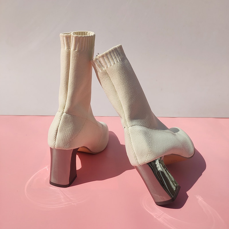 Aphixta 7cm Μεταλλικά Τετράγωνα Τακούνια Κάλτσες Μπότες Γυναικείες Μπεζ Casual Stretch Ύφασμα ελαστικά Μυτερά παπούτσια που αναπνέουν
