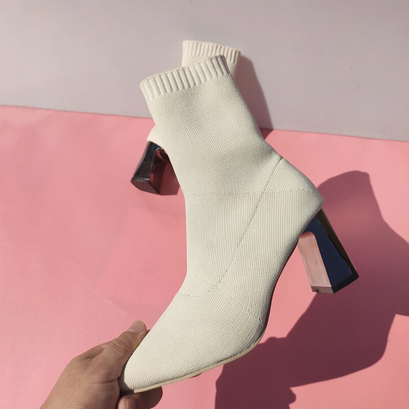 Aphixta 7cm Μεταλλικά Τετράγωνα Τακούνια Κάλτσες Μπότες Γυναικείες Μπεζ Casual Stretch Ύφασμα ελαστικά Μυτερά παπούτσια που αναπνέουν