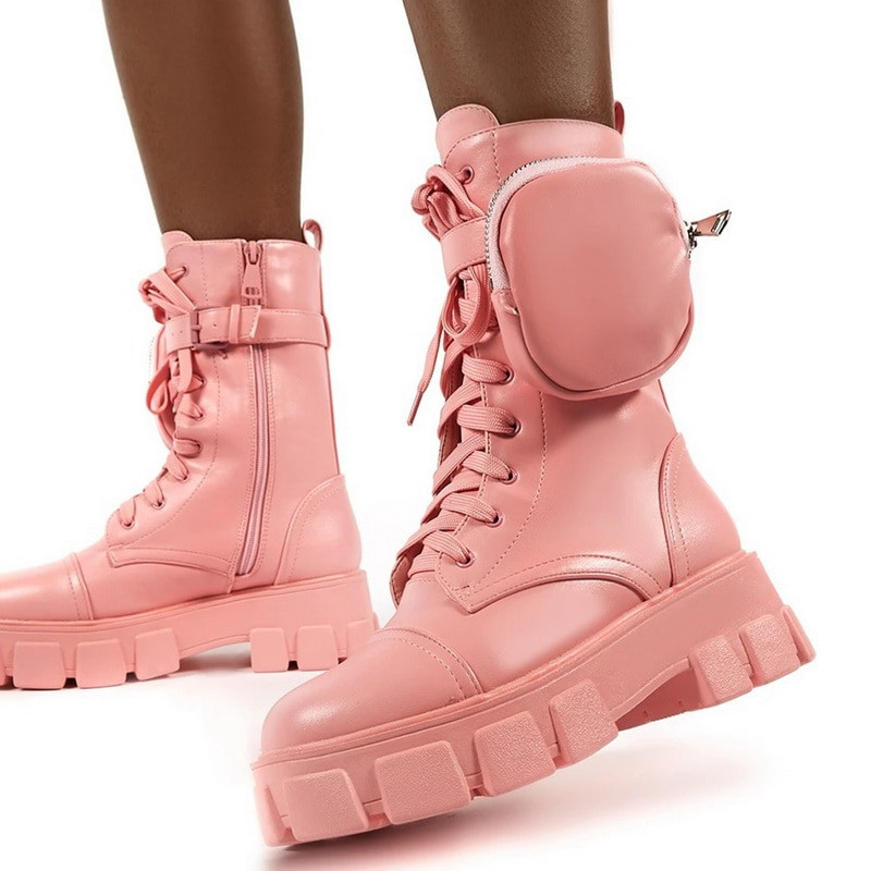 Ženske čizme s džepovima za 2020. Ženske gležnjače na vezanje Ženske čizme s kopčom, crna debela torbica Gležnjače s platformom