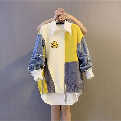 2022. gada pavasaris, jauns, piemīlīgs, smaidošs sejas, elegants sieviešu džemperis, ikdienas džemperis, balts krekls, divdaļīgs jaka džemperis, liela izmēra