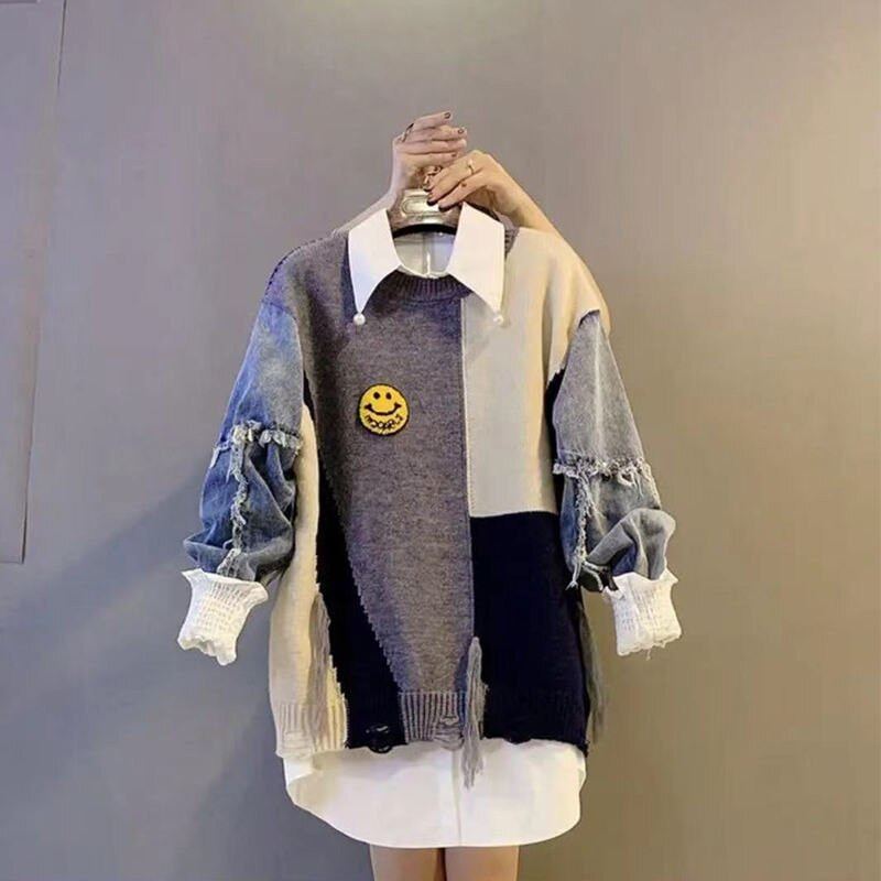 2022. gada pavasaris, jauns, piemīlīgs, smaidošs sejas, elegants sieviešu džemperis, ikdienas džemperis, balts krekls, divdaļīgs jaka džemperis, liela izmēra