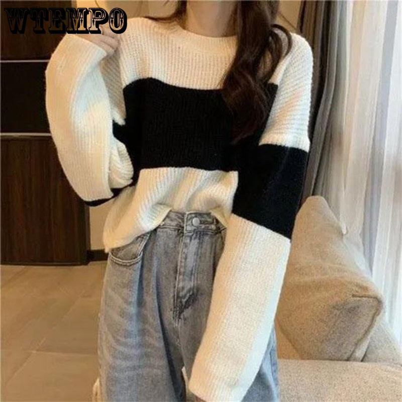 Κοντό χρώμα μπλοκ με στρογγυλό λαιμό ριγέ πουλόβερ Γυναικείο φαρδύ πουλόβερ Casual Lazy Style Κοντό πουλόβερ πλέξιμο χονδρικής