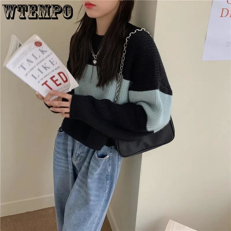 Κοντό χρώμα μπλοκ με στρογγυλό λαιμό ριγέ πουλόβερ Γυναικείο φαρδύ πουλόβερ Casual Lazy Style Κοντό πουλόβερ πλέξιμο χονδρικής