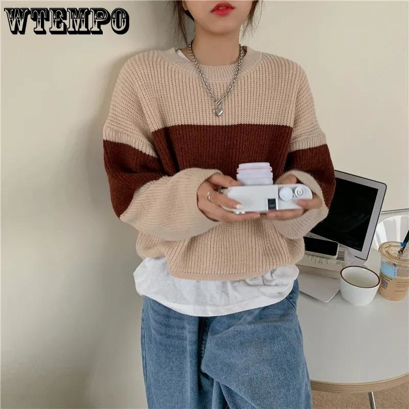 Κοντό χρώμα μπλοκ με στρογγυλό λαιμό ριγέ πουλόβερ Γυναικείο φαρδύ πουλόβερ Casual Lazy Style Κοντό πουλόβερ πλέξιμο χονδρικής