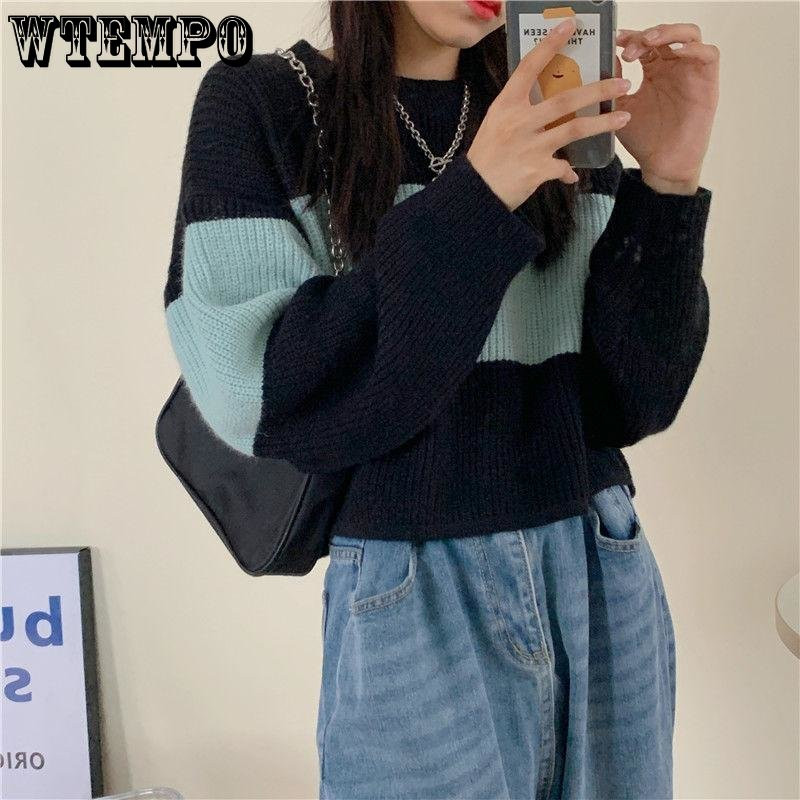 Κοντό χρώμα μπλοκ με στρογγυλό λαιμό ριγέ πουλόβερ Γυναικείο φαρδύ πουλόβερ Casual Lazy Style Κοντό πουλόβερ πλέξιμο χονδρικής