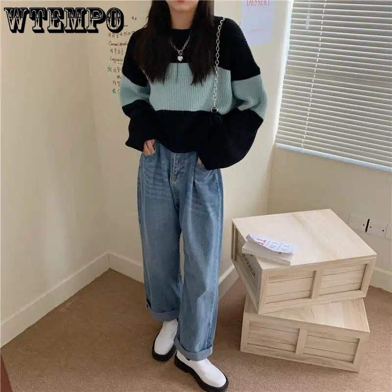 Κοντό χρώμα μπλοκ με στρογγυλό λαιμό ριγέ πουλόβερ Γυναικείο φαρδύ πουλόβερ Casual Lazy Style Κοντό πουλόβερ πλέξιμο χονδρικής